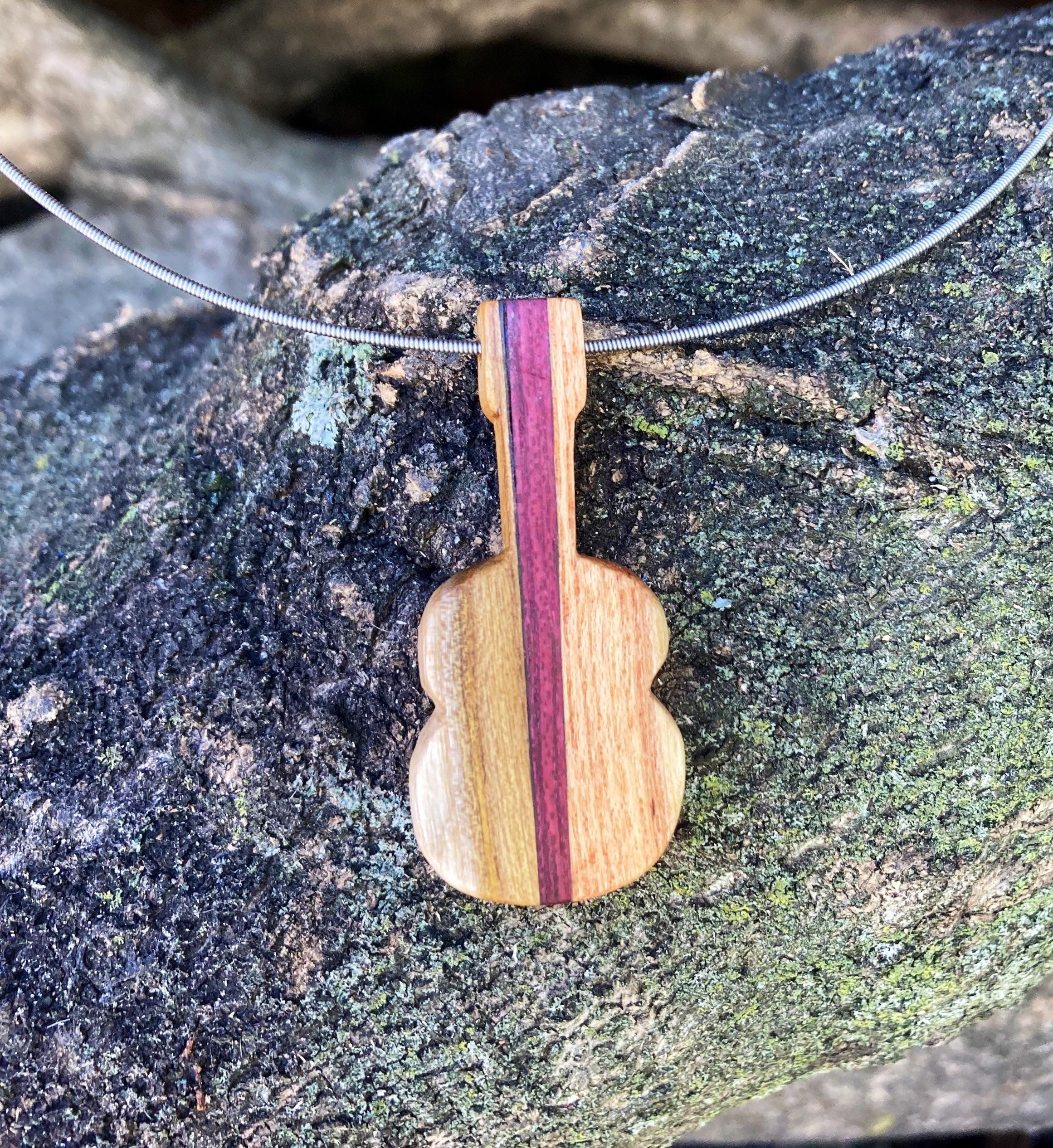 Hand carved mixed wood guitar necklace gifts for guitarist guitar pendant guitar jewelry for music lovers