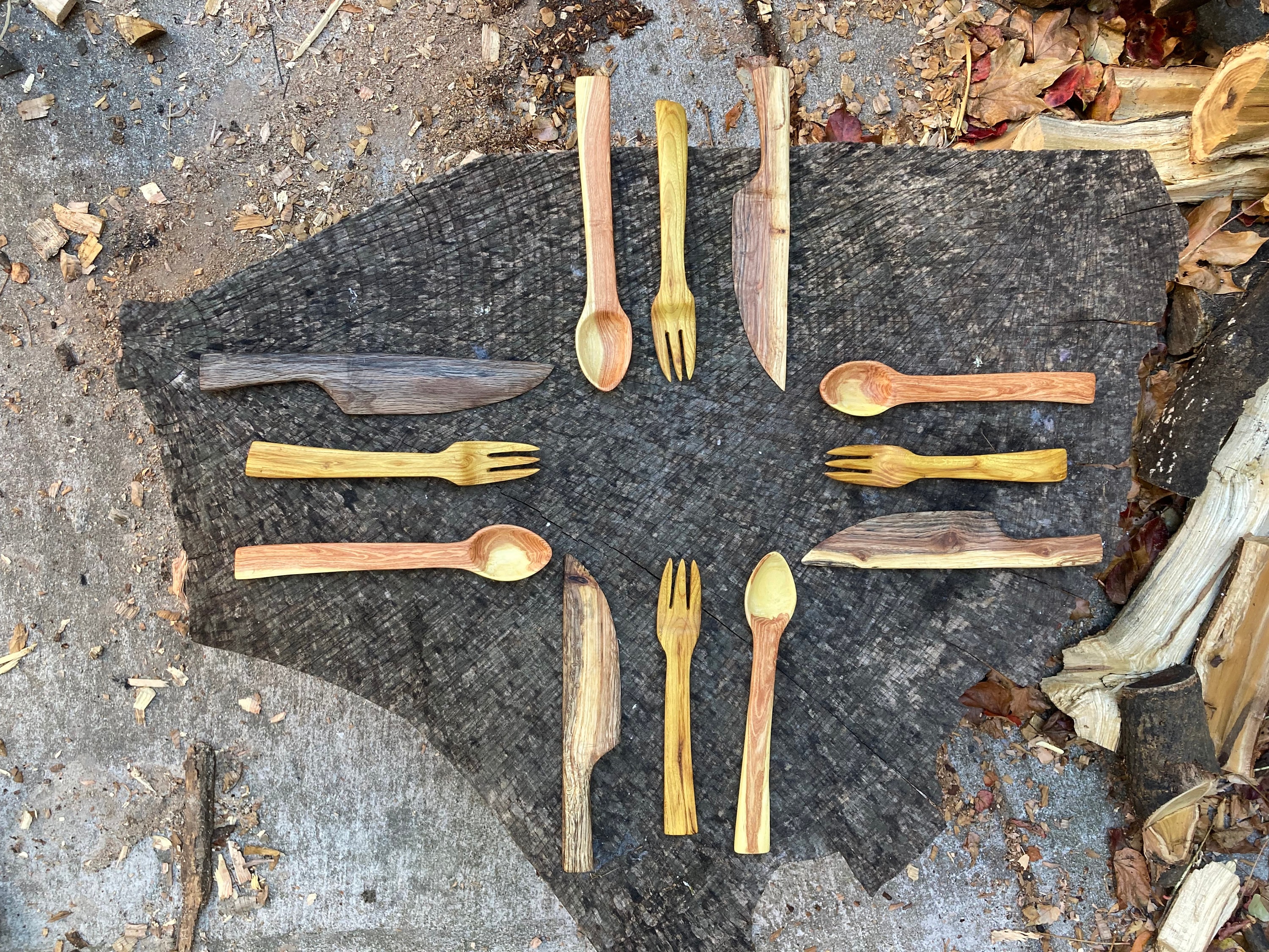Hand carved three piece mixed wood dining/camping utensil set gift for the family Christmas gift for woodworkers survivalist gifts