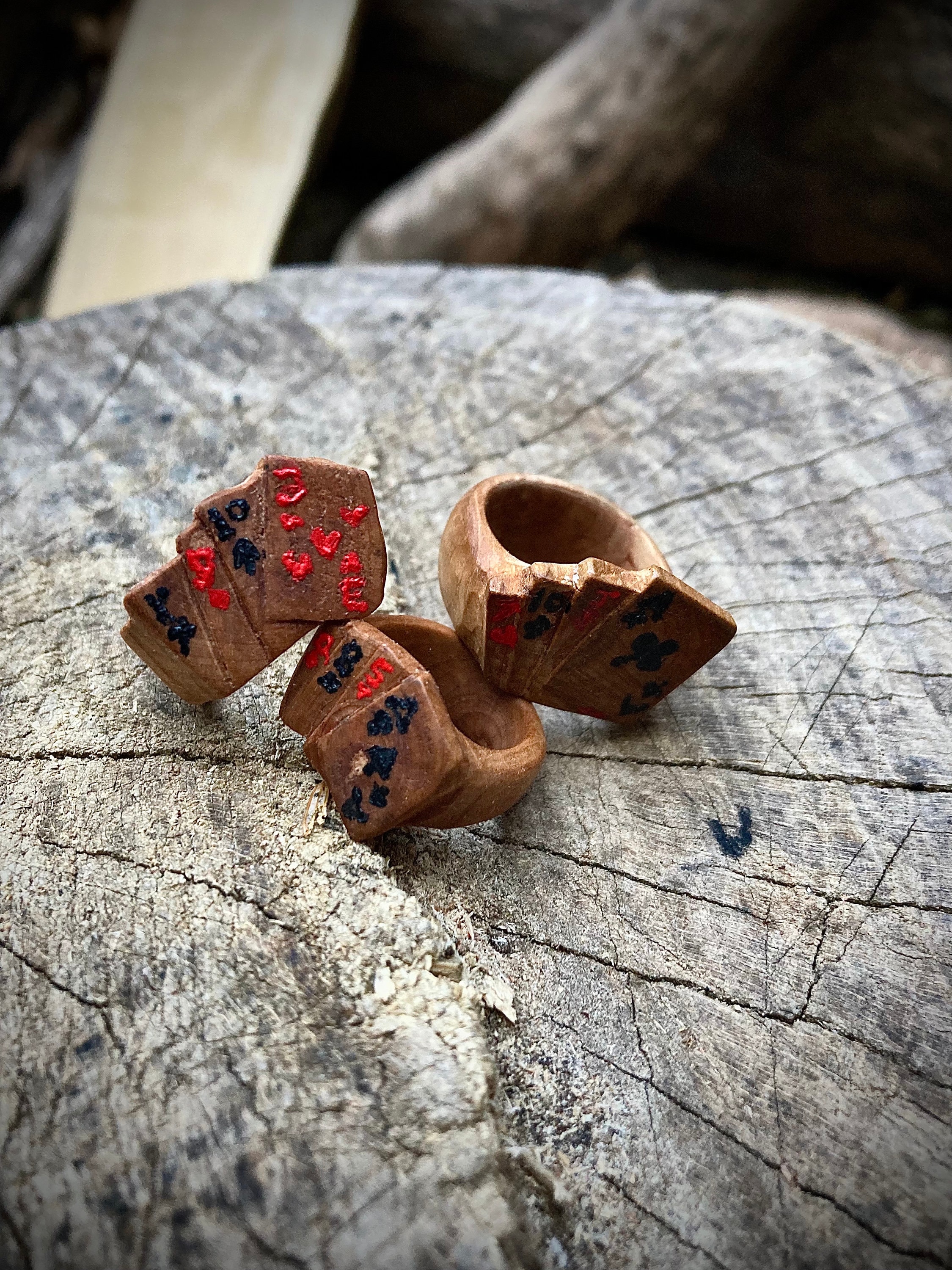 Hand carved wooden playing cards ring